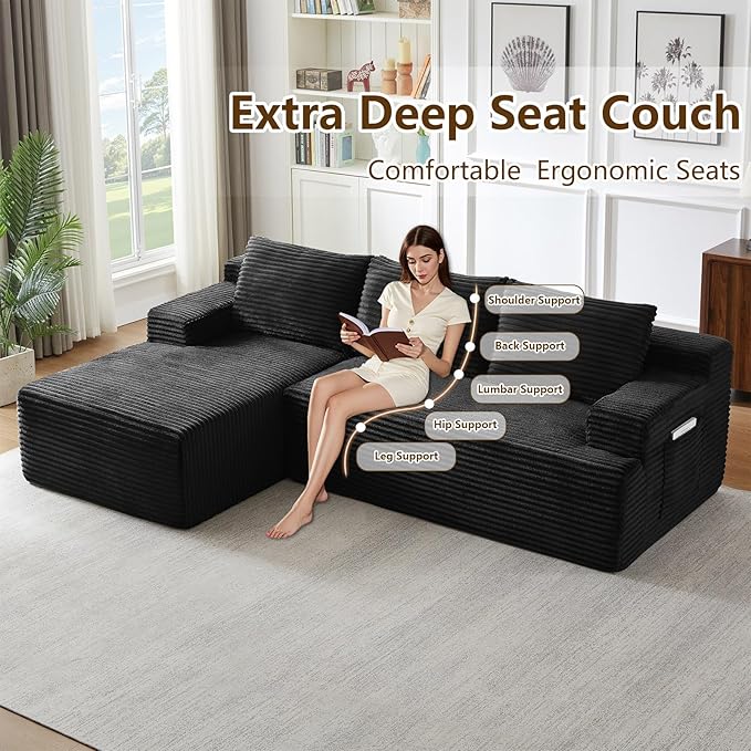 96" Modular Sectional Sofa Couches L-Shape Couch 3 Seat Modular Sofa Corduroy Memory Foam Sectional Boneless Couches for Living Room, Cloud Couch with Oversized Chaise(Dark Black, Left Facing)
