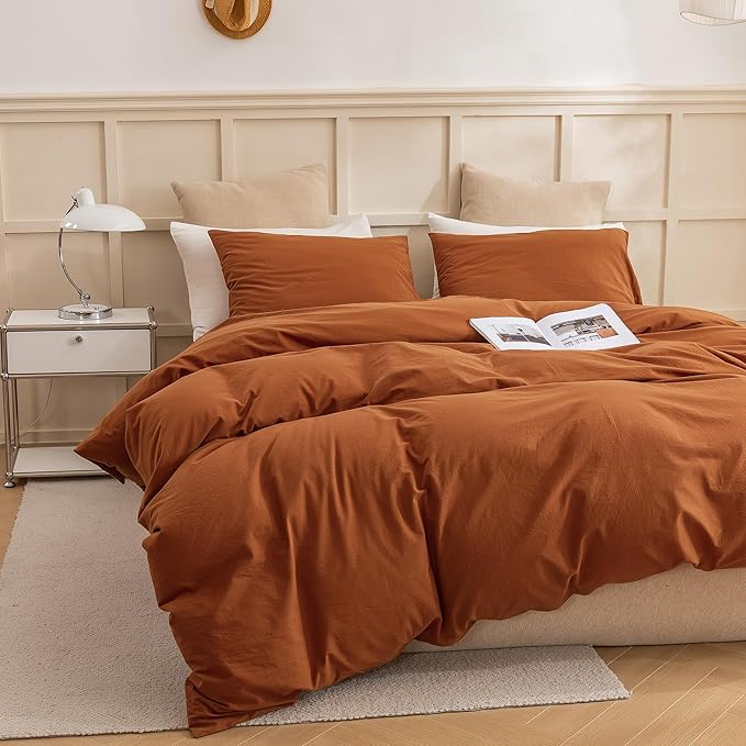 ECOCOTT 100% Washed Cotton Duvet Cover Twin Size – Soft & Breathable Linen Feel Bedding Set, 3 Pieces Brown Comforter Cover with Zipper Closure for All Seasons