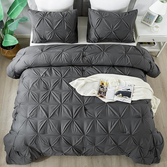 Andency Dark Grey King Size Comforter Set, 3 Piece Gray Pinch Pleat Fluffy Lightweight Bedding Set, All Season Soft Microfiber Bed Set