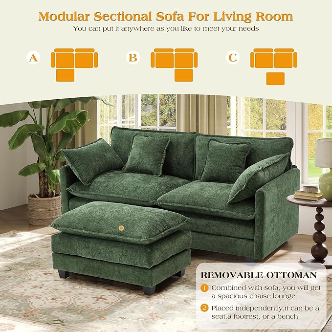 77.6" Modular Sectional Sofa,Loveseat Couch for Living Room, Modern Deep Seat Sofa 2 Seater Chenille Fabric Comfy Cloud Couches with Throw Pillows & Ottoman for Apartment,Small Spaces