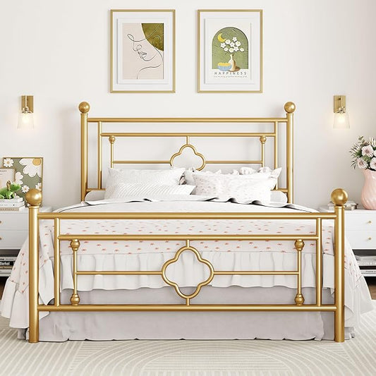 SHA CERLIN 14 Inches Full Size Metal Platform Bed Frame/Vintage Iron-Art Headboard and Footboard/Mattress Foundation for Storage/No Box Spring Needed/Noise-Free/Easy Assembly/Gold