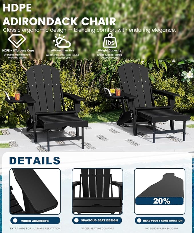 FOOWIN Folding Adjustable Adirondack Chair with Retractable Ottoman Set of 4,HDPE Adirondack Chair w/4 in 1 Cup Holder Trays,All-Weather Resistant Fire Pit Chair for Outdoor Patio Lawn, Black
