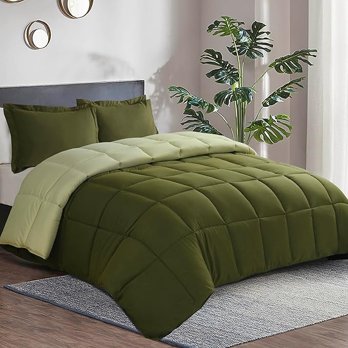 HIG 3pc Olive Green Twin/Twin XL Comforter Set - All Season Reversible Down Alternative Comforter with Sham - Quilted Duvet Insert with Corner Tabs - Box Stitched - Breathable, Soft, Fluffy