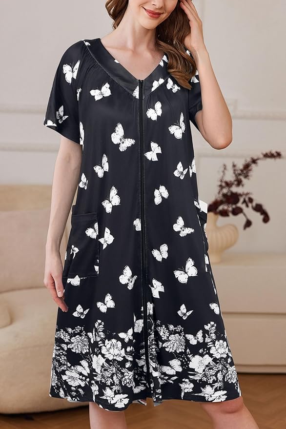 Ekouaer Women Robe Zipper Front Mumu Duster Robes Zip Up Housecoat Soft Sleepwear with Pockets