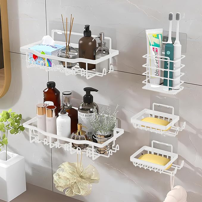 Fab Glass and Mirror Shower Caddy Pack of 5, white - Shower Organizer and Shelves for Efficient Storage, Wall Mounted Bathroom Caddy, Wall Organizer