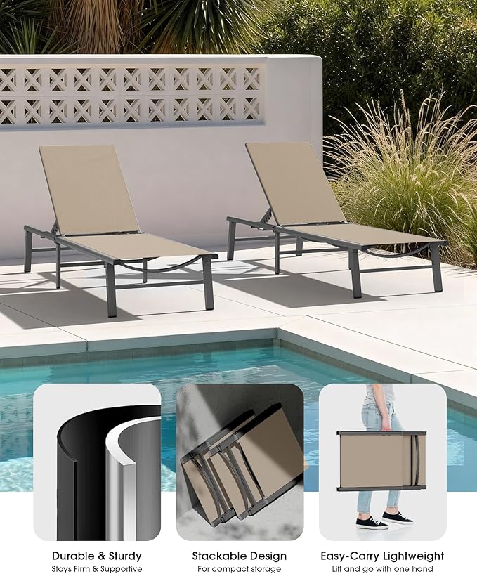 Ciokea Aluminum Outdoor Lounge Chair Set of 4- No Assembly Needed, Foldable Patio Chaise Lounge with 5 Adjustable Positions, Reinforced Frame for Extra Durability, Pool Beach Lounge Chair,Khaki