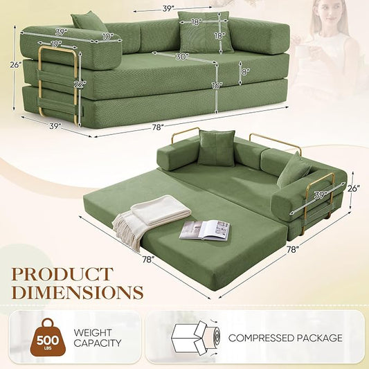 Antetek Convertible Futon Sofa Bed, 3-Seater Modern Corduroy Foam Floor King Size Bed Fold Out Sleeper Lounge Loveseat Sofa Couch with 2 Throw Pillows for Living Room Bedroom Guest Room, Army Green