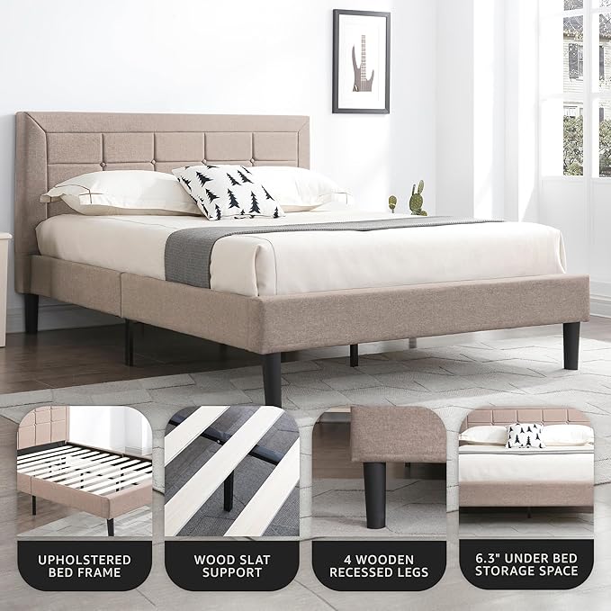 Decoro Mornington Upholstered 2.0 Platform Bed, Button-Tufted Fabric Headboard and Metal Frame with Wood Slat Support, Linen, Queen