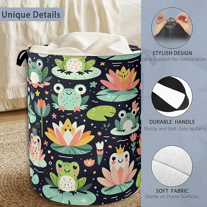 Funny Frog Laundry Basket,Foldable Oxford Cloth Tote Bag Laundry Hamper Clothes Storage Bucket Organizer for Bedroom Laundry Storage Dormitories 16" x 20.8"