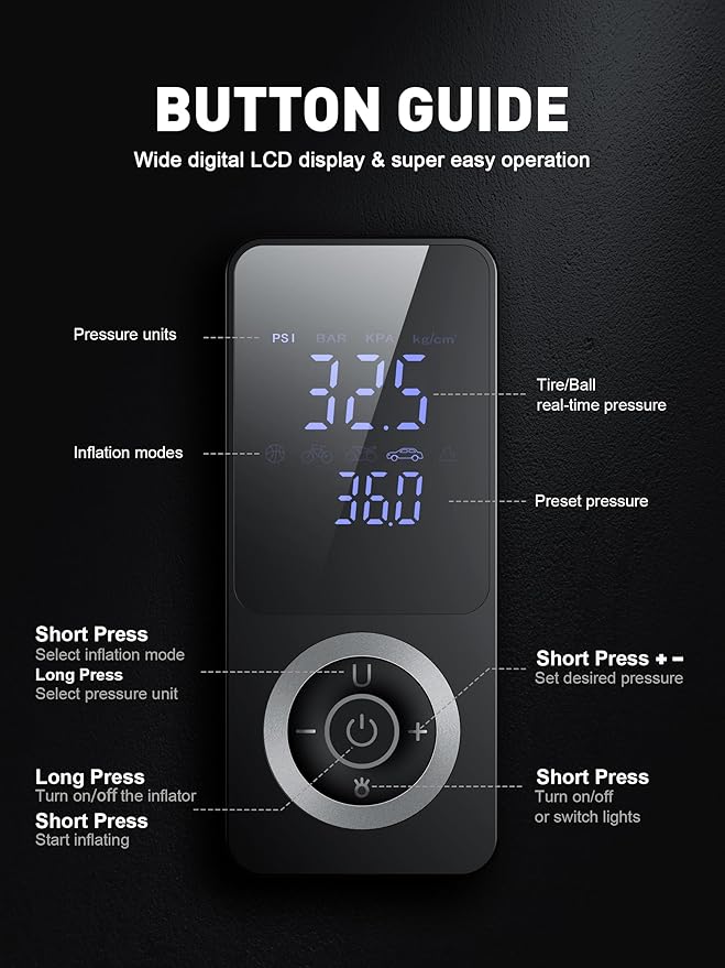 SMART JERRY - Tire Inflator Portable Air Compressor | Cordless Mini Bike Tire Pump with Gauge | Dual-Power Electric 12V Air Compressor for Auto, Motorcycles, Bikes, Balls | Fast Inflation Max 150 PSI