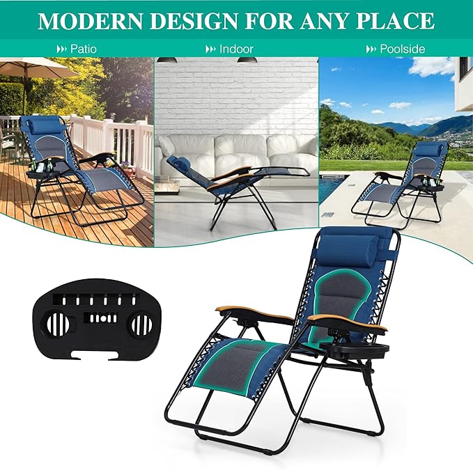 PHI VILLA XXL Oversized Padded Zero Gravity Chair Set of 2, Foldable Patio Recliner, 30" Wide Seat Anti Gravity Lounger with Armrest and Cup Holder, Support 400 LBS (Blue Accents)