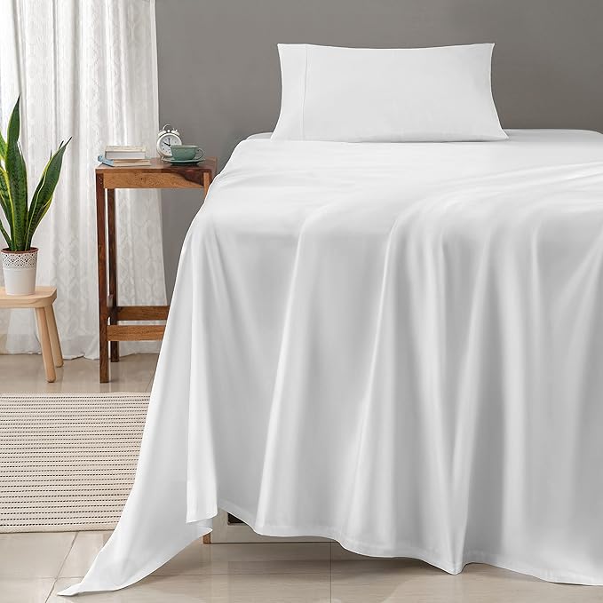 Threadmill 100% Cotton Sheets for Twin Size Bed - 600 Thread Count Twin Bed Sheets Set with 15” Deep Pocket - Sateen Weave 3-Piece Bedding Set with Cooling Effect, White