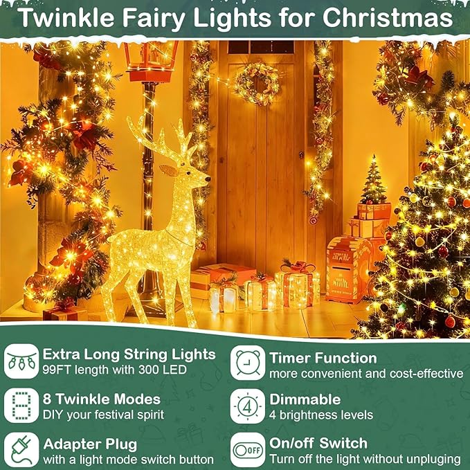 Super Long LED String Lights 99ft 300 LEDs Fairy String Lights with Switch/Timer, Indoor/Outdoor Copper String Lights with Remote, for Birthday Wedding Christmas, Plug in/8 Modes Warm White