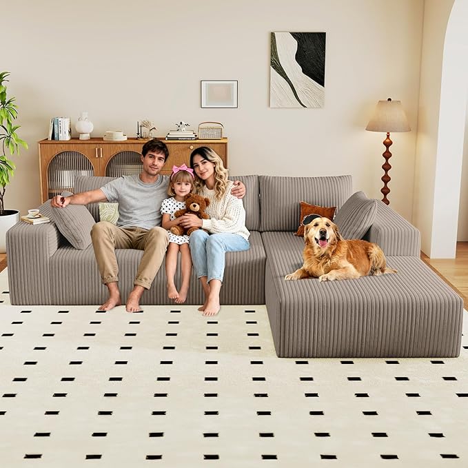 96" Modular Sectional Couch, Boneless L Shaped Cloud Sofa with Chaise Lounge, Corduroy Upholstered Couches Memory Foam Deep Seat, No Assembly Required, Ideal for Living Room(Camel, Right Facing)