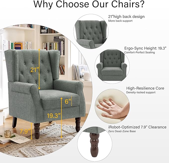 Lumibee High Back Accent Chair Set of 2,Upholstered Wingback Armchair with Solid Wood Legs for Small Spaces,Comfy Single Sofa Chair for Living Room,Bedroom,Office-Gray