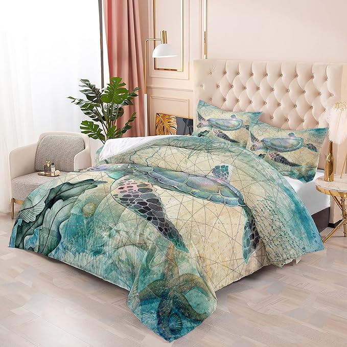 CVHOUSE Sea Turtle Comforter Set, Ocean Bedding for Kids Teens, Duvet Quilt Room Decor Queen Size