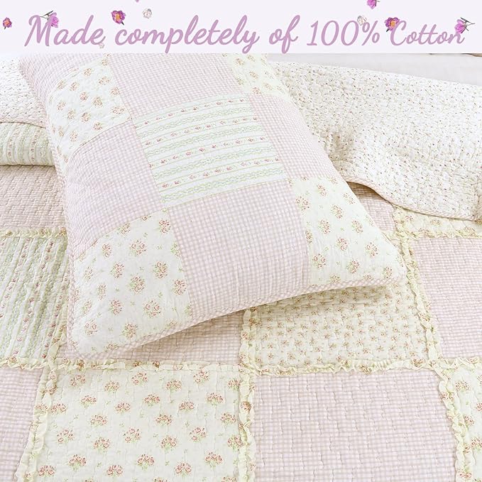 Cozy Line Home Fashions 100% Cotton Real Patchwork Reversible Shabby Chic Girly Floral Pink Peachy Quilt Bedding Set, Coverlet Bedspread (Old-Fashioned Sweetness, Queen - 3 Piece)