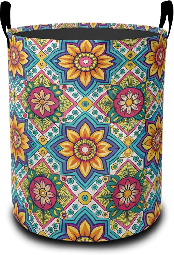 Laundry Basket,Retro Mandala Large Canvas Fabric Lightweight Storage Hamper Organizer Dirty Clothes Collapsible Waterproof for College Dorms,Bathroom