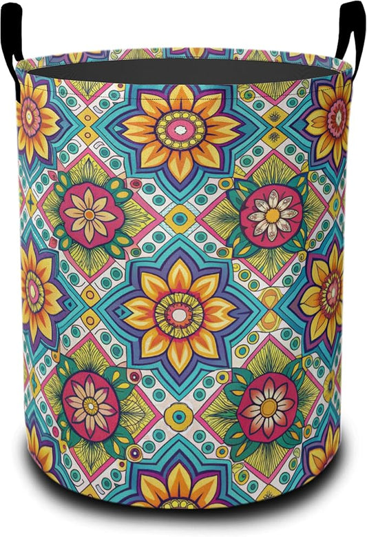 Laundry Basket,Retro Mandala Large Canvas Fabric Lightweight Storage Hamper Organizer Dirty Clothes Collapsible Waterproof for College Dorms,Bathroom