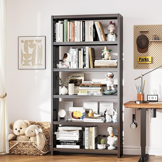 Book Shelf 69" H, 5-Tier Metal Shelving, Modern Black Bookshelf, Tall Bookcase for Bedroom, Living Room, Home Office, Library, Screw-Free Installation