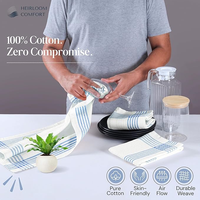 Sky Blue and White Cotton Kitchen Towels 3 Pack, 16x26 Inch, Waffle Weave, Quick Dry, Absorbent, Durable Dish Towels for Drying, Cleaning, Cooking, Daily Kitchen Use