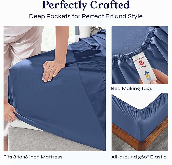 California Design Den Natural 100% Cotton King Size Sheets Set - 400 Thread Count Sateen, Deep Pocket King Bed Sheets with All Around Elastic, Soft, Durable Bedding - Navy Blue