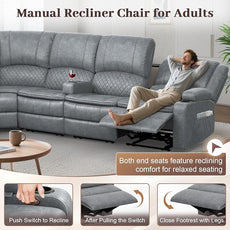 Manual Reclining Sectional Sofa Set, 5 Seats 1+1+3 Leather Reclining Corner Sectional Couch, Family-Sized L-Shaped Recliner Couch with USB Charging, Thickened Padding, Sturdy Frame, Grey