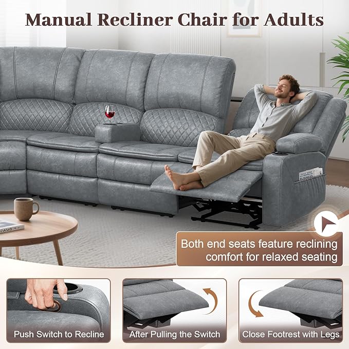 Manual Reclining Sectional Sofa Set, 5 Seats 1+1+3 Leather Reclining Corner Sectional Couch, Family-Sized L-Shaped Recliner Couch with USB Charging, Thickened Padding, Sturdy Frame, Grey