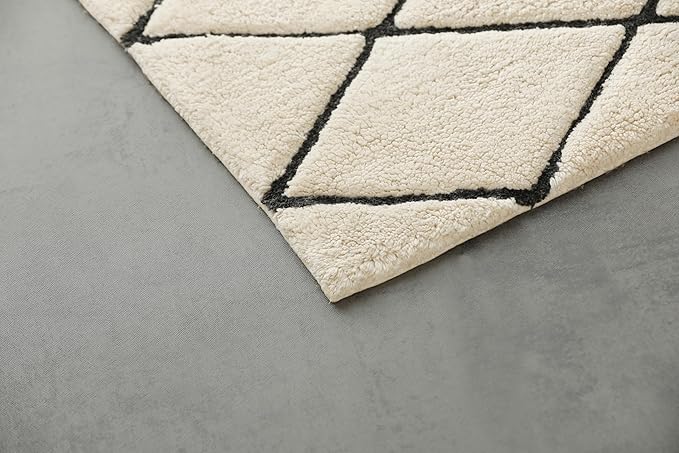 Organic Cotton Bathroom Rug, Luxury Non Slip Ultra Soft & Water Absorbent Bath Mat| Diamonds Design Premium Bath Rug | Perfect for Tub & Shower, Toilet Floors, Door Mat (36"x24", Ivory & Black)