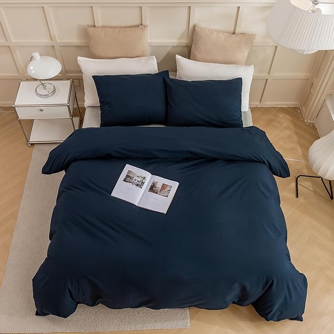 ECOCOTT Navy Blue Duvet Cover Queen Size, 100% Washed Cotton 3 Piece Bedding Set 1 Duvet Cover with Zipper and 2 Pillowcases, Ultra Soft and Easy Care Breathable Duvet Cover(Navy Blue, Queen)