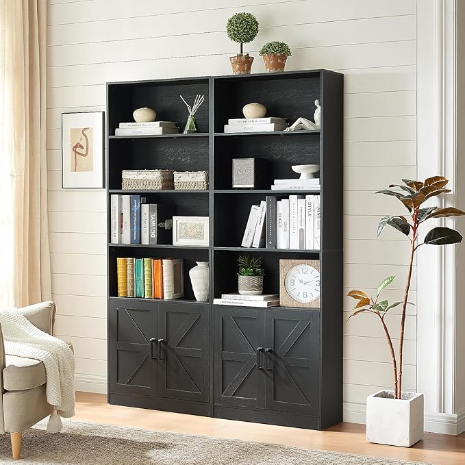 70in Tall Bookshelf 6 Tier Bookcase with Barn Doors and Adjustable Shelf, Black Farmhouse Book Shelves with Storage Cabinet,Wood Floor Standing Display Bookshelve for Bedroom,Living Room,Kitchen