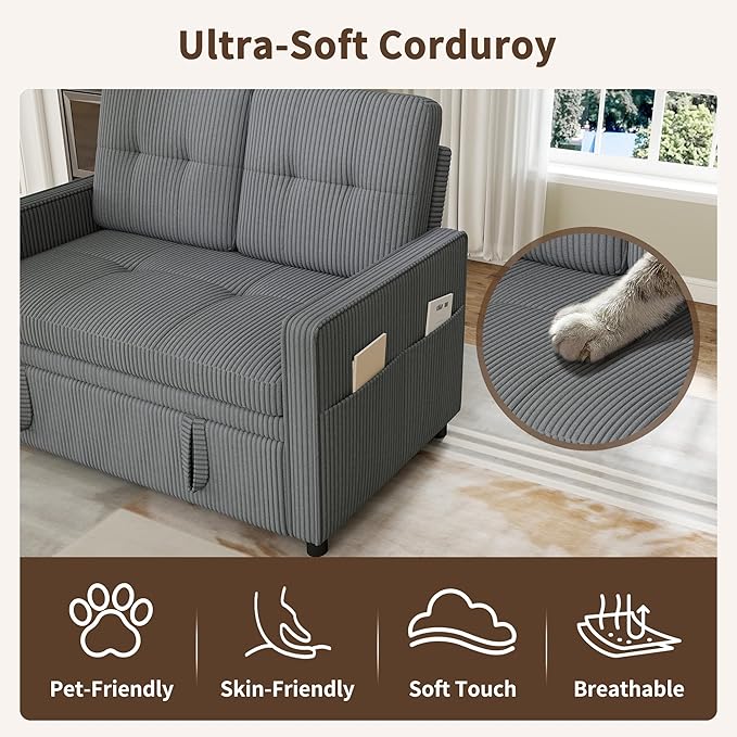 3 in 1 Convertible Sleeper Sofa Bed, Pull Out Couch with Charging Station, Corduroy Small Loveseat Sleeper Sofa with Adjustable Backrest for Apartment, Bedroom, Small Space（Dark Grey）