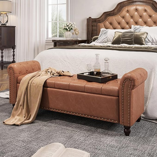55 Inch Bedroom Storage Bench, Faux Leather End of Bed Bench with Storage, Upholstered Ottoman Foot Rest with Rolled Arms for Bedroom, Living Room, Apartment, Brown