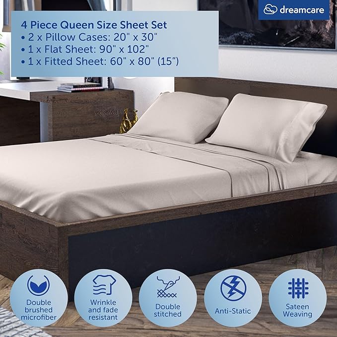 DREAMCARE Queen Size Sheets - Cooling Bed Sheets - 4pcs Set - up to 15" Deep Pocket Queen Sheet Set - Sheets Queen Size Bed - Soft & Long Lasting 100% Fine Microfiber with Side Pocket - Beige DREAMCARE