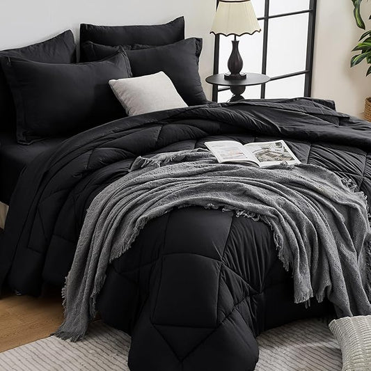 HEVUMYI Black 120x98 Oversized King Comforter Set - 7-Piece All Season Bed in a Bag Oversized King, Ultra Soft Bedding Set with 120 x 98 Comforter, Flat Sheet, Fitted Sheet, Pillowcases, Pillow Shams