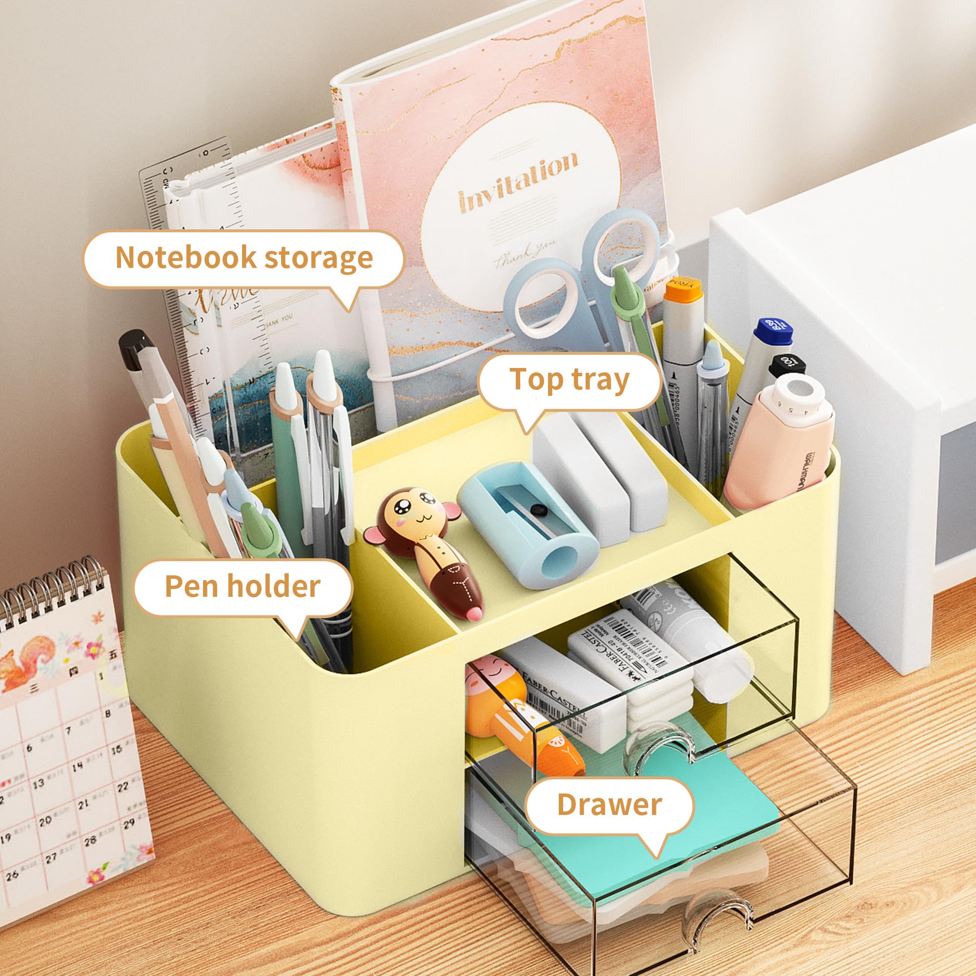 Marbrasse Pen Organizer with 2 Drawer, Multi-Functional Pencil Holder for Desk, Desk Organizers and Accessories with 5 Compartments + Drawer for Office Art Supplies (Blue) Dormly
