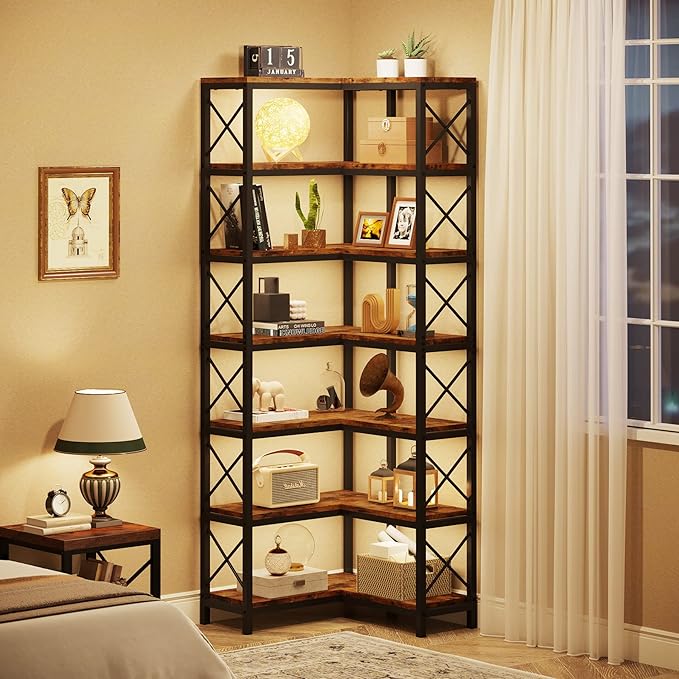 Tribesigns 7-Tier Corner Bookcase, Industrial Large Corner Bookshelf, 7-Shelf Tall Shelf Storage Display Rack with Metal Frame for Living Room Home Office, Rustic Brown