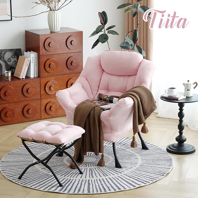 Tiita Lazy Chair with Ottoman, Modern Large Accent Lounge Armchair, Comfy Leisure Sofa Reading Chair with Footrest for Bedroom, Living Room, Dorm Rooms, Garden and Courtyard, Pink