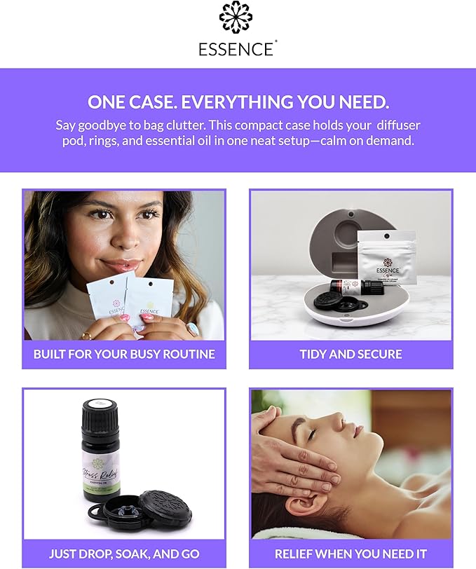 Essence Pearl Travel Case - Wearable Aromatherapy Kit with Nasal Diffuser Rings, Soaking Bay, and 5mL Essential Oil – Portable Wellness Gift Set for On?The?Go Self Care