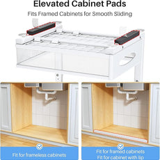 Under Sink Organizer, 2 Pack 2 Tier Pull Out Under Cabinet Organizer Shelf with Pad for Framed Cabinets, Metal Slide Out Under Sink Storage, Mesh Sliding Drawers for Kitchen Bathroom Laundry, White