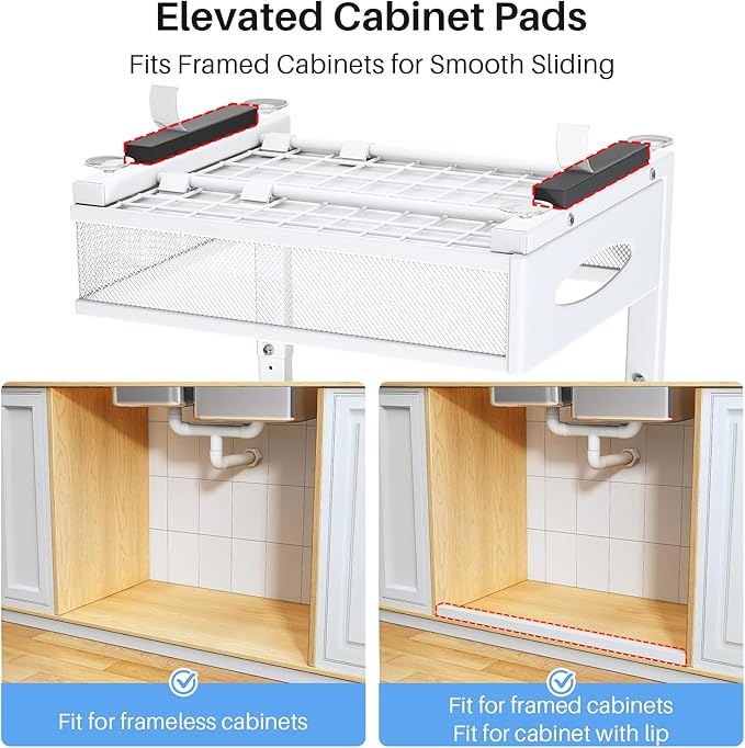 Under Sink Organizer, 2 Pack 2 Tier Pull Out Under Cabinet Organizer Shelf with Pad for Framed Cabinets, Metal Slide Out Under Sink Storage, Mesh Sliding Drawers for Kitchen Bathroom Laundry, White