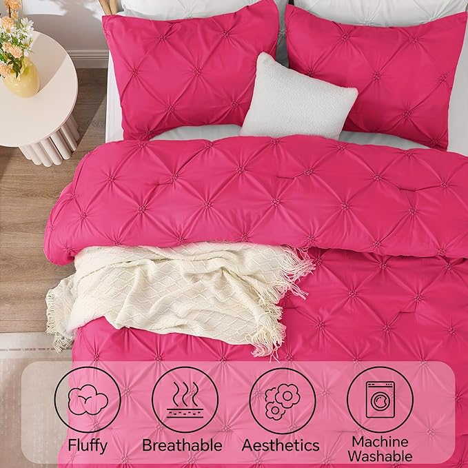 BEDELITE Hot Pink King Size Comforter Set - 3 Pieces Boho Pintuck Bedding Comforter Sets, Lightweight Soft & Warm King Bedding Set with 2 Pillowcases for All Season