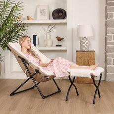 Comfy Saucer Chair for Adults, Soft Faux Fur Bedroom Chair with Ottoman, Accent Dorm Chairs, Living Room Reading Chairs and Footstool, Folding Lounge Seat for Teens, X-Large, White