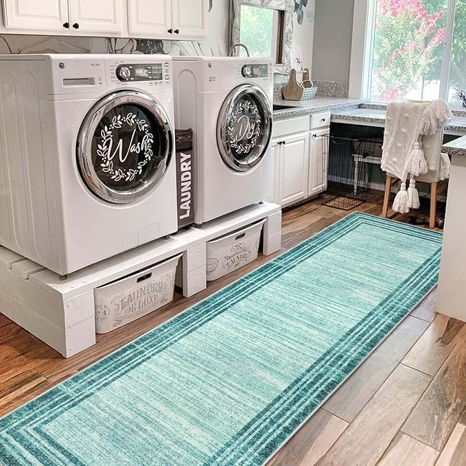 Lahome Modern Abstract Runner Rug, 2.5x10 Teal Long Kitchen Runner Non Skid Washablel Rug Runners for Hallways, Low Pile Soft Entryway Rug Indoor Floor Carpet Runner 10ft for Bedroom Laundry