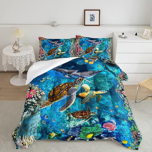 CVHOUSE Sea Turtle Comforter Set,Ocean Sea Turtle Bedding Set for Kids Teens,Ocean Sea Turtle Comforter Sea Turtle Duvet Set Room Decor Quilt Set Queen Size