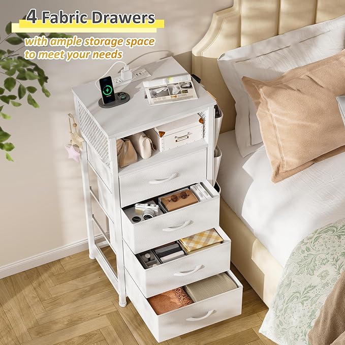 EnHomee White Nightstand Set of 2,LED Night Stand with Charging Station,Fabric Dresser for Bedroom, Hallway, Entryway, Living Room, Closet, Sturdy Steel Frame, Wood Top, Cloth Bags, Hooks, White