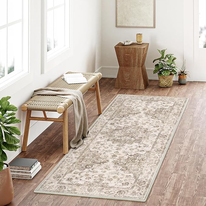 2x5 Washable Neutral Runner Rug Brown Vintage Hallway Kitchen Carpet Non-Slip Soft Low Pile Floral Throw Rug for Bedroom Bathroom Laundry Living Room