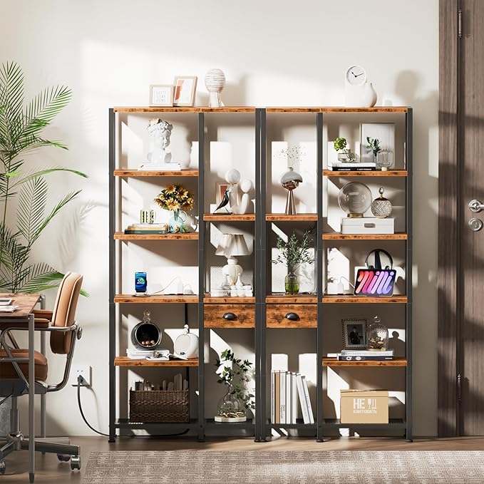 Furologee 6 Tier Bookshelf with USB Ports and Power Outlet, Book Shelf with Charging Station, Bookcase with Drawer, Storage Shelves for Bedroom, Home Office, Living Room, Bathroom, Rustic Brown