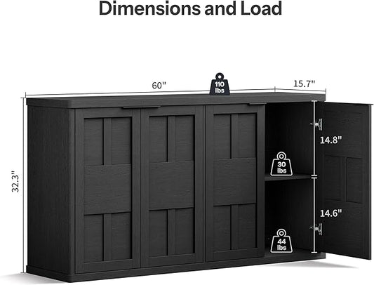 Sideboard Buffet Cabinet with Storage, 60" Modern Farmhouse Accent Cabinet with Geometric Fluted Doors & Magnetic Catch, Wood Coffee/TV Console Table Credenza for Kitchen, Living Room (Black)