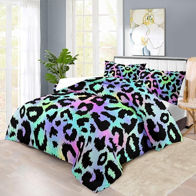 Rainbow Leopard Print Comforter Set King Girls Colorful Cheetah Comforter King Animal Leopard Print Bedding Set Women Purple Cheetah Bedding Quilt Bedroom Decor